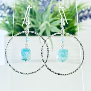 SS Cube Faceted Larimar Hoop Circle Earrings